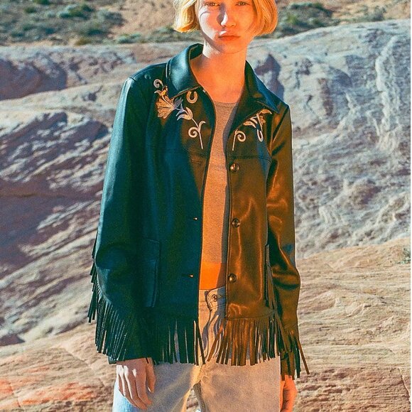 Urban Outfitters Arden Vegan Leather Western Fringe Jacket - Size Small Petite - Picture 1 of 10